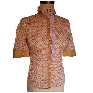 Cute ruffled Penguin  pink and tan geometric print  button down cotton shirt top